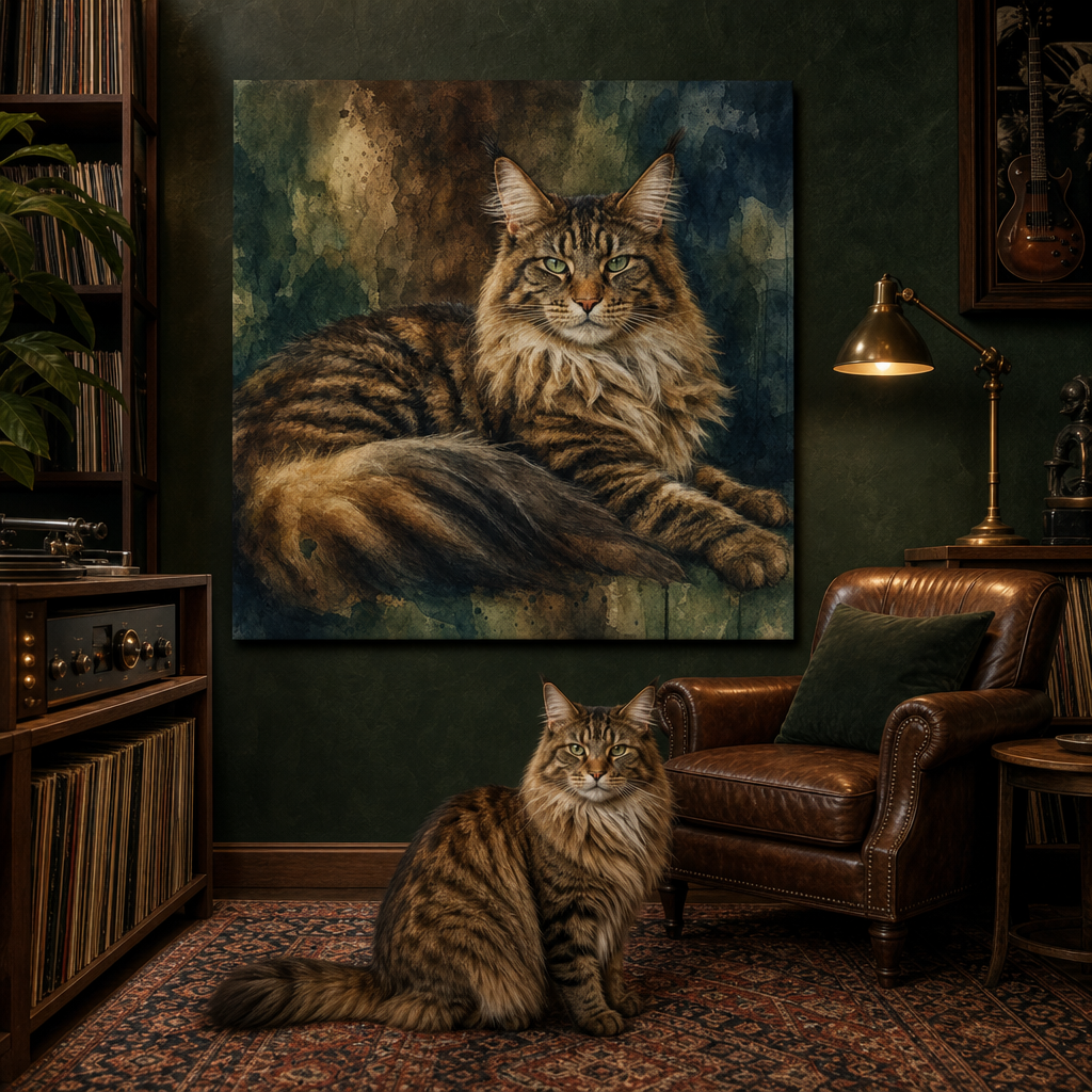 Watercolor Canvas room mockup; custom cat portrait canvas from photo in the Watercolor style; longhair cat; proof before print.