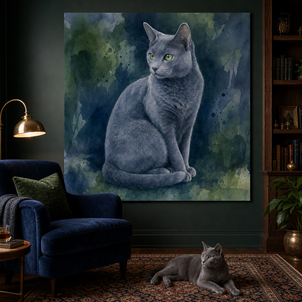 Watercolor Canvas room mockup; custom cat portrait canvas from photo in the Watercolor style; gray cat; proof before print.