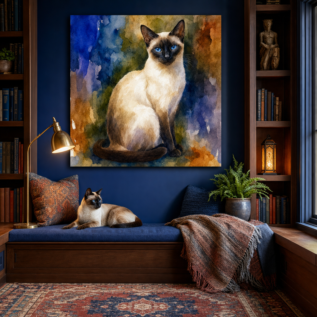 Watercolor Canvas room mockup; custom cat portrait canvas from photo in the Watercolor style; pointed cat; proof before print.