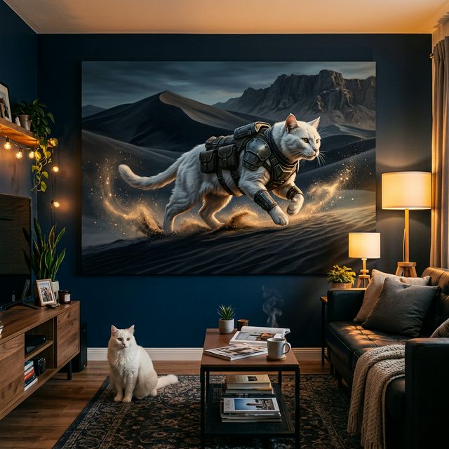 Desert Warrior Canvas room mockup; custom cat portrait canvas from photo in the Desert Warrior style; white cat; proof before print.