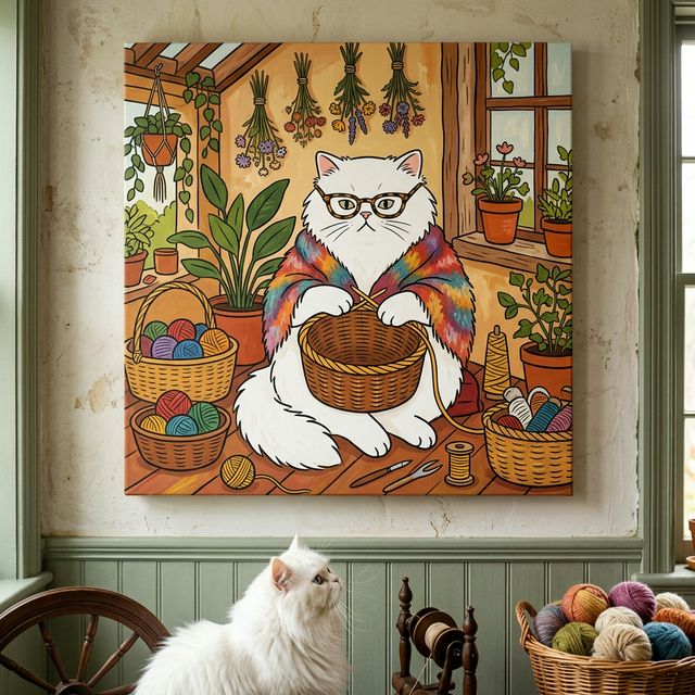 Cozy Kitchen Folk Canvas room mockup; custom cat portrait canvas from photo in the Cozy Kitchen Folk style; kitchen-themed; longhair cat; proof before print.