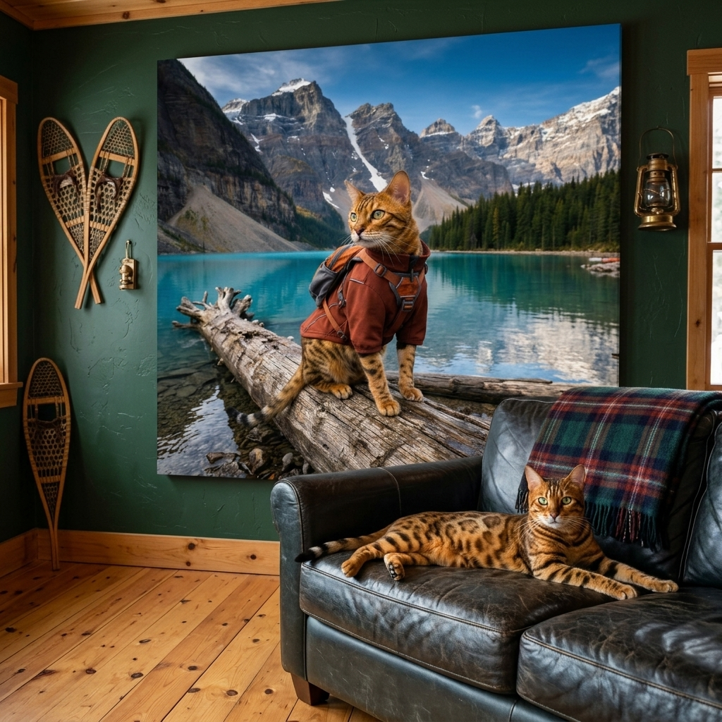 Wilderness Outfit Canvas room mockup; custom cat portrait canvas from photo in the Wilderness Outfit style; spotted tabby-like cat; proof before print.
