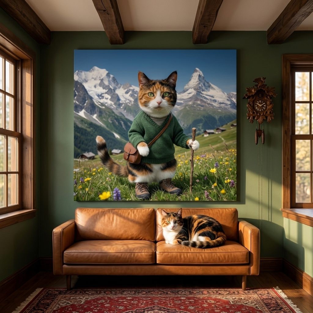 Wilderness Outfit Canvas room mockup; custom cat portrait canvas from photo in the Wilderness Outfit style; nature-themed; calico cat; proof before print.