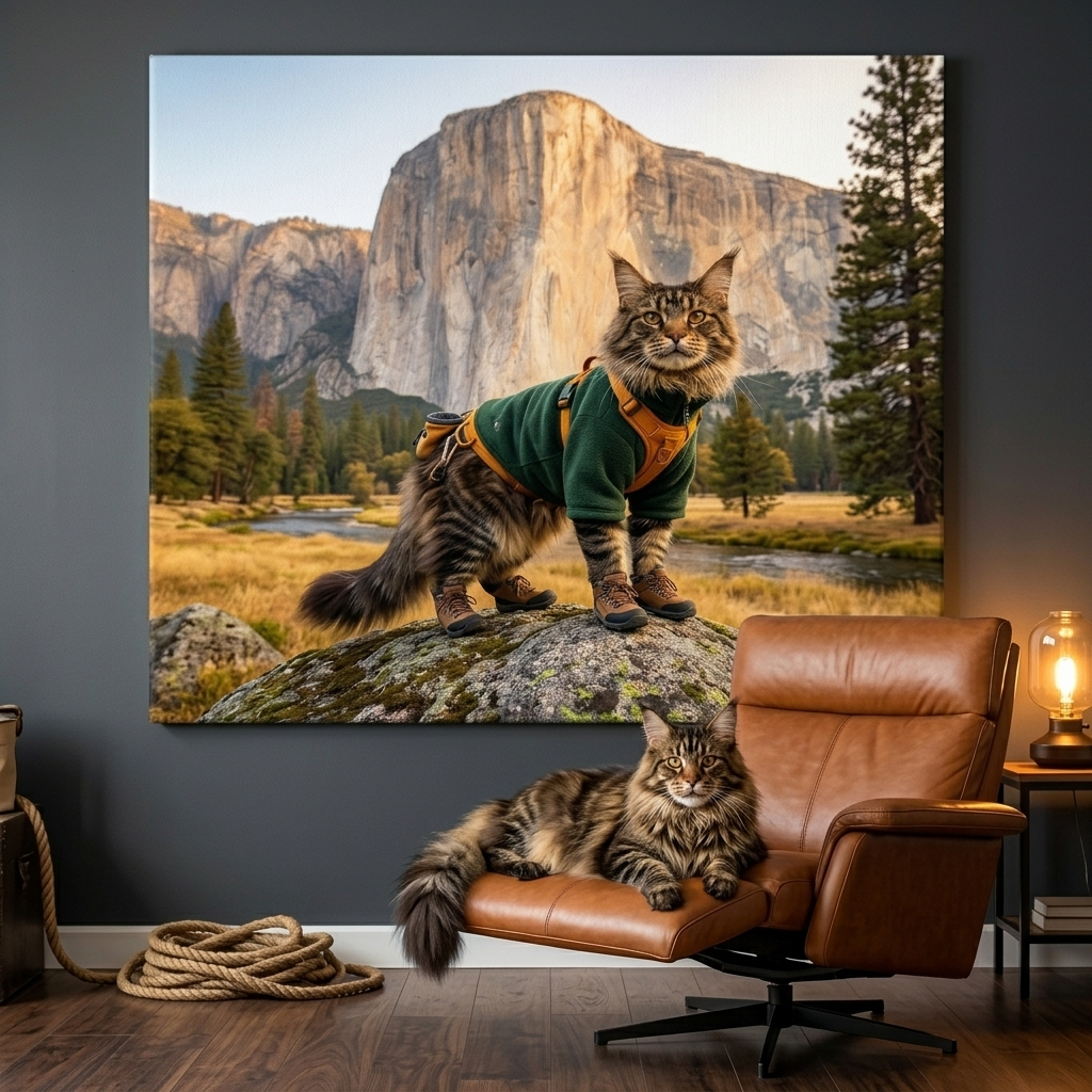 Wilderness Outfit Canvas room mockup; custom cat portrait canvas from photo in the Wilderness Outfit style; nature-themed; longhair cat; proof before print.