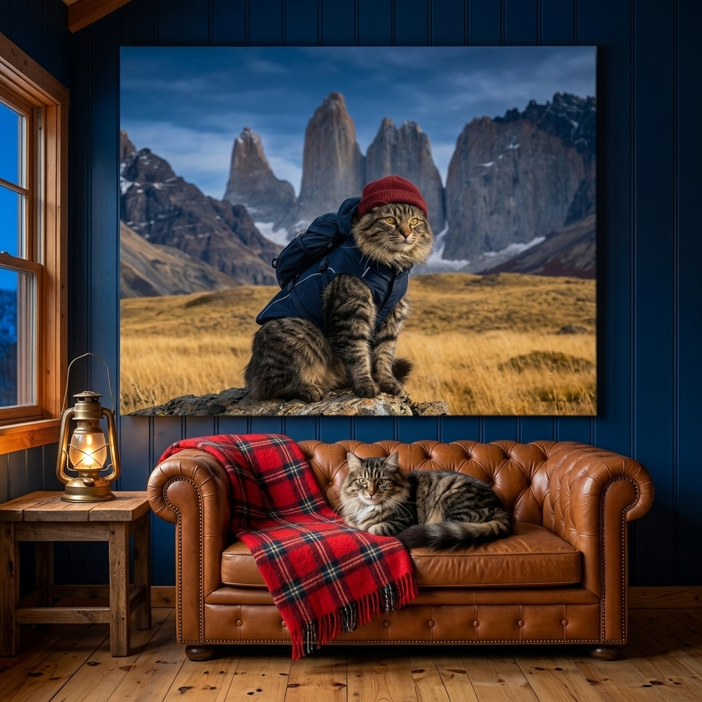 Wilderness Outfit Canvas room mockup; custom cat portrait canvas from photo in the Wilderness Outfit style; nature-themed; longhair cat; proof before print.
