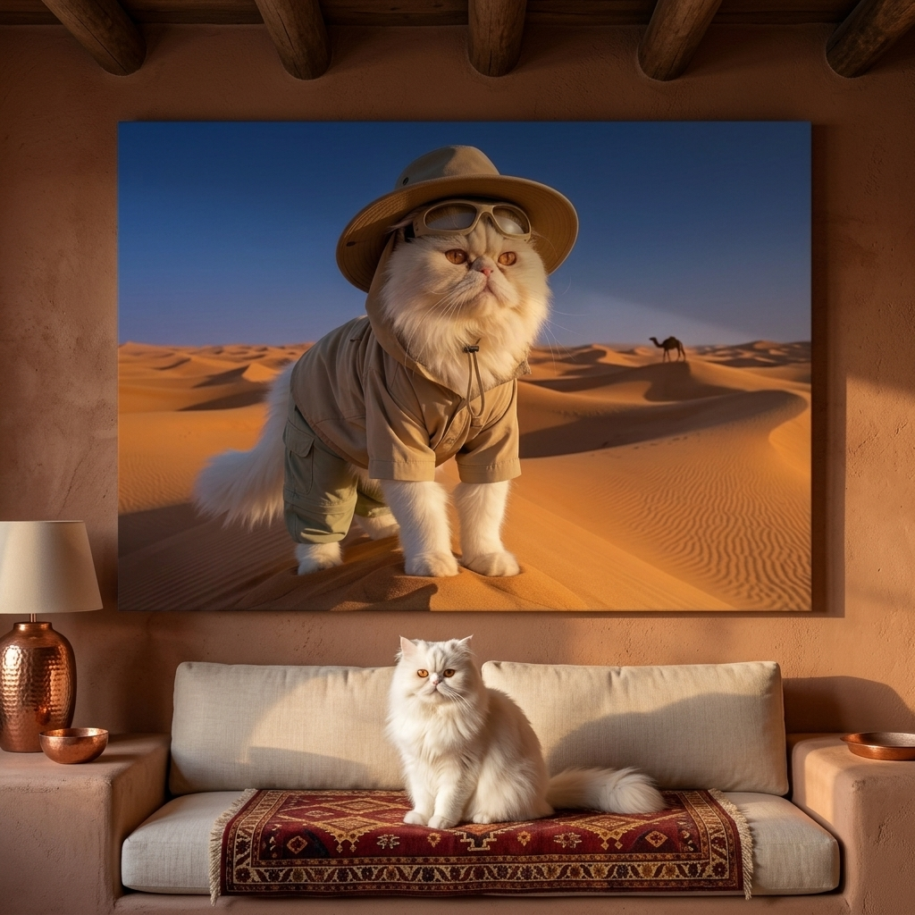 Wilderness Outfit Canvas room mockup; custom cat portrait canvas from photo in the Wilderness Outfit style; longhair cat; proof before print.