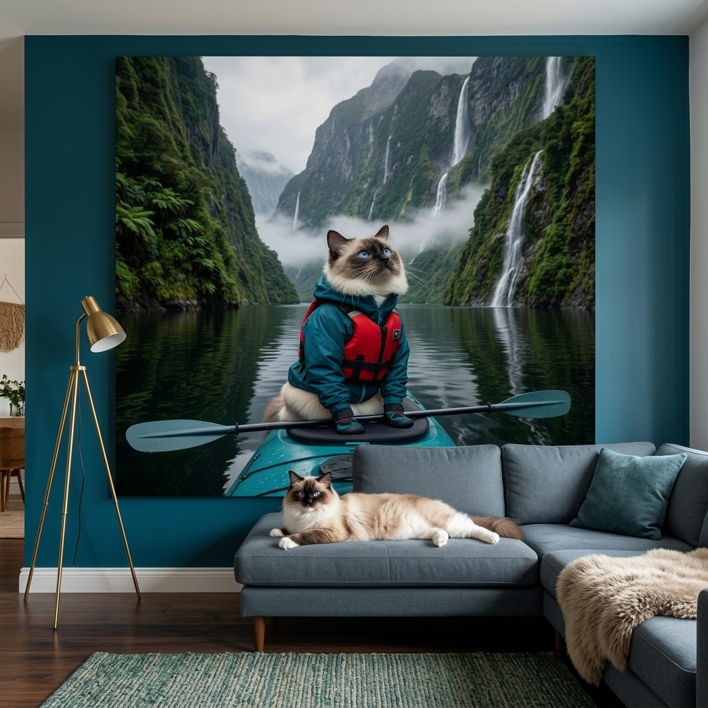 Wilderness Outfit Canvas room mockup; custom cat portrait canvas from photo in the Wilderness Outfit style; longhair cat; proof before print.