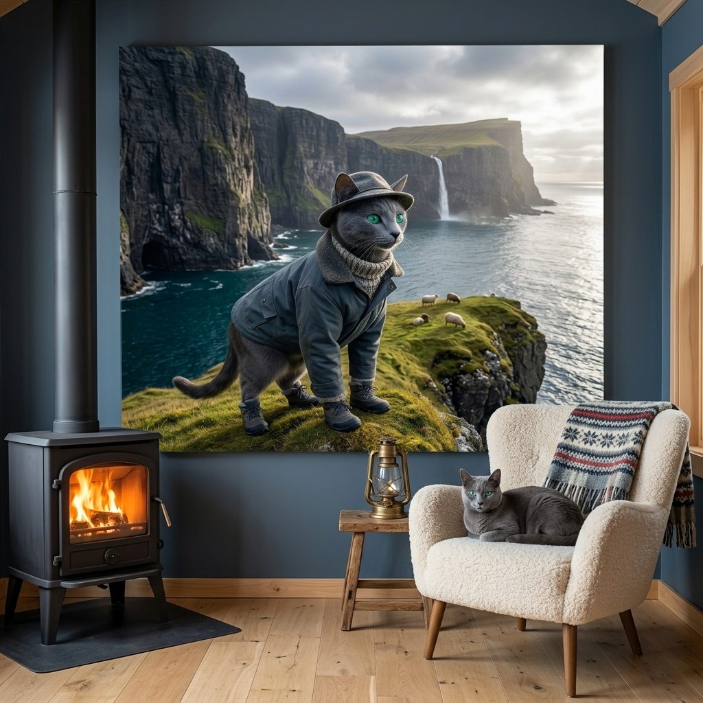 Wilderness Outfit Canvas room mockup; custom cat portrait canvas from photo in the Wilderness Outfit style; gray cat; proof before print.