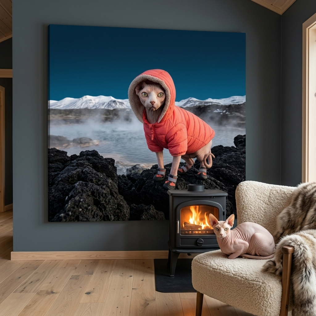 Wilderness Outfit Canvas room mockup; custom cat portrait canvas from photo in the Wilderness Outfit style; hairless cat; proof before print.