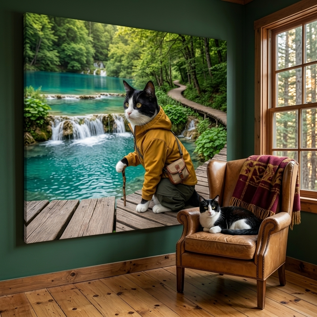 Wilderness Outfit Canvas room mockup; custom cat portrait canvas from photo in the Wilderness Outfit style; nature-themed; tuxedo cat; proof before print.