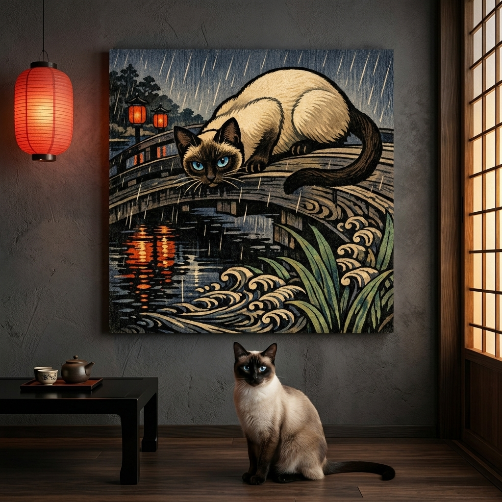 WoodBlock Japanese Canvas room mockup; custom cat portrait canvas from photo in the WoodBlock Japanese style; pointed cat; proof before print.