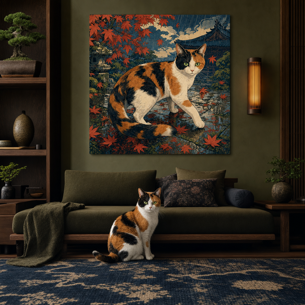WoodBlock Japanese Canvas room mockup; custom cat portrait canvas from photo in the WoodBlock Japanese style; calico cat; proof before print.