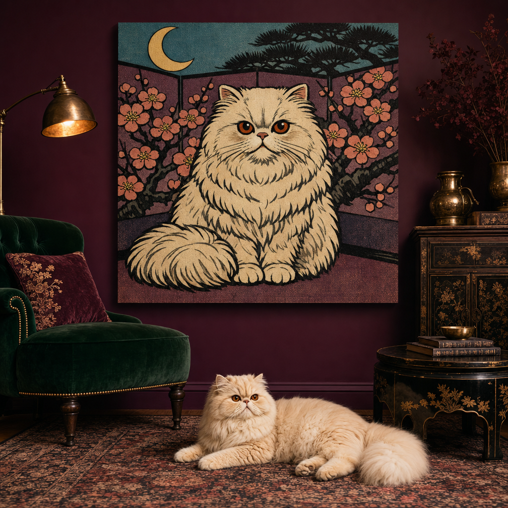 WoodBlock Japanese Canvas room mockup; custom cat portrait canvas from photo in the WoodBlock Japanese style; longhair cat; proof before print.