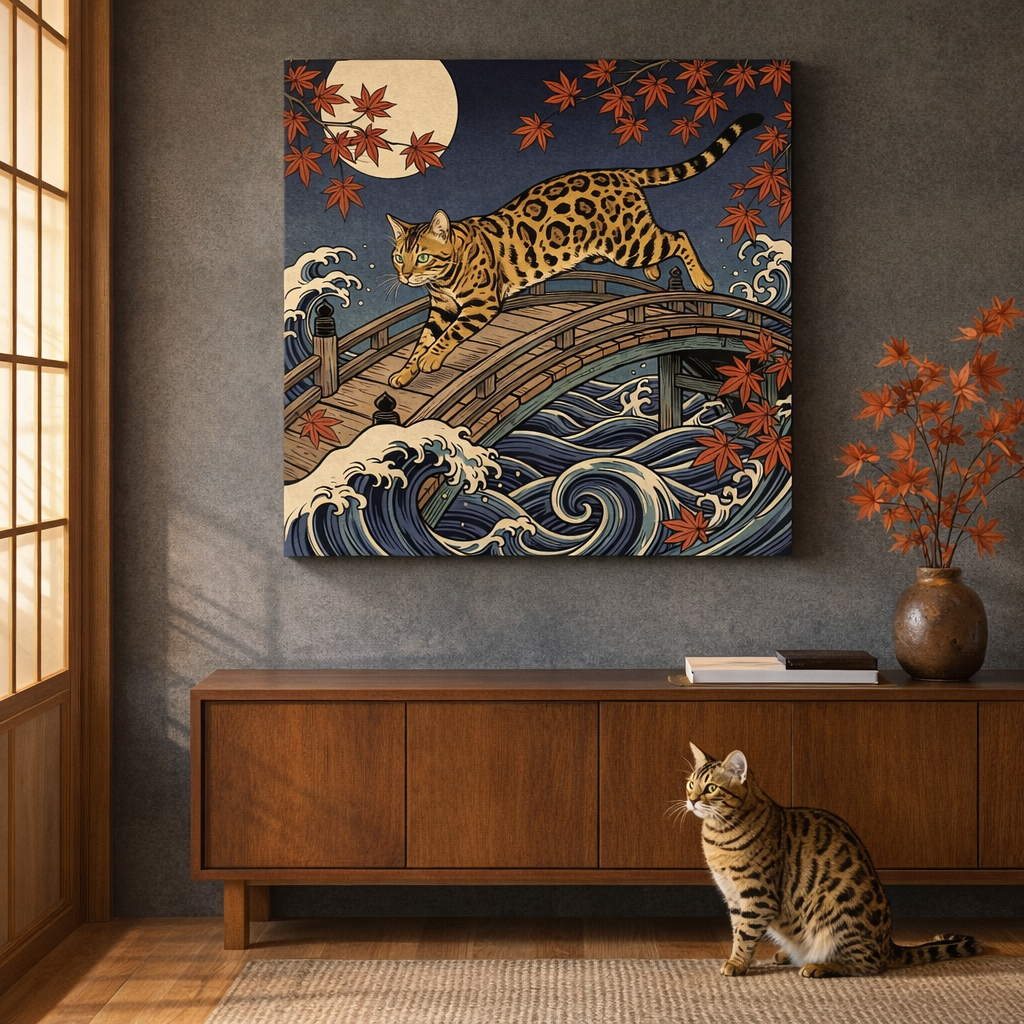 WoodBlock Japanese Canvas room mockup; custom cat portrait canvas from photo in the WoodBlock Japanese style; spotted tabby-like cat; proof before print.