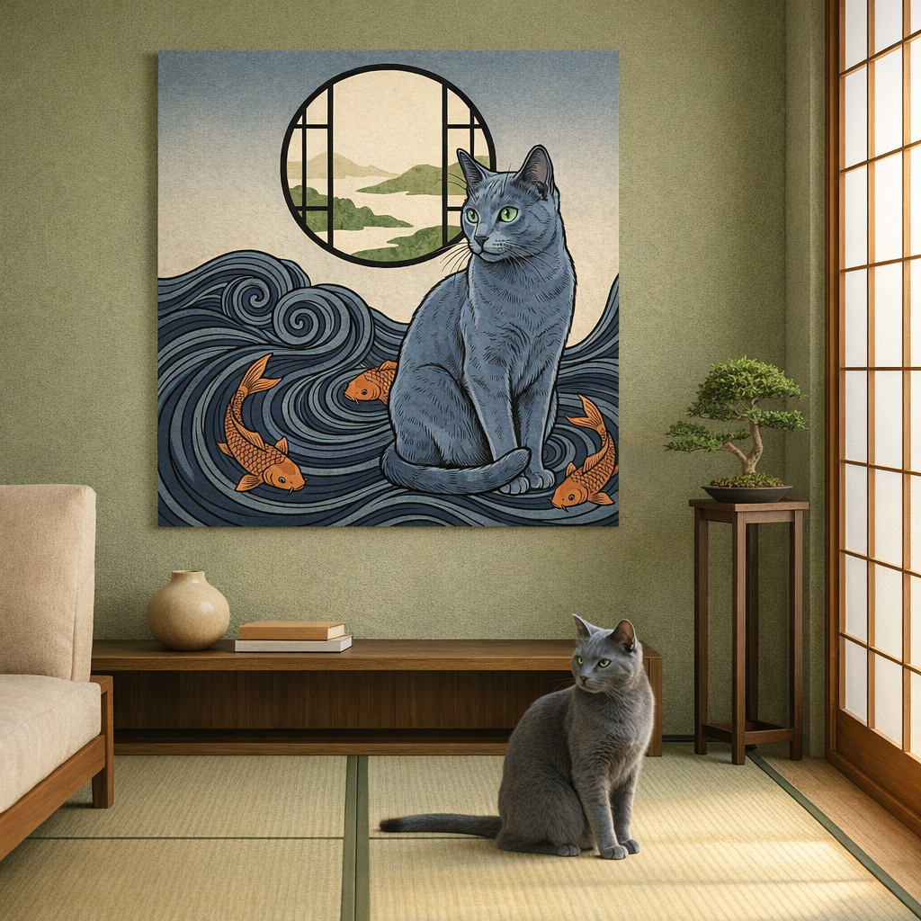 WoodBlock Japanese Canvas room mockup; custom cat portrait canvas from photo in the WoodBlock Japanese style; gray cat; proof before print.
