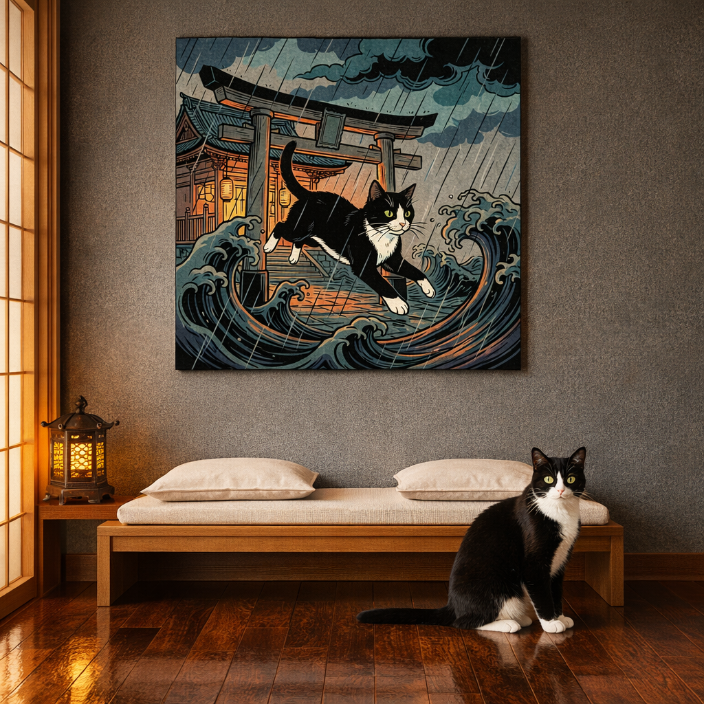 WoodBlock Japanese Canvas room mockup; custom cat portrait canvas from photo in the WoodBlock Japanese style; tuxedo cat; proof before print.