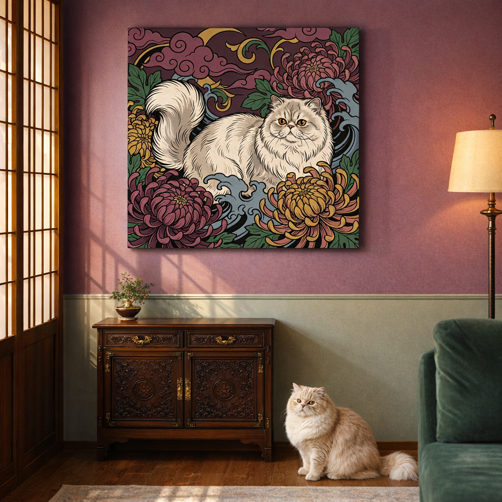 WoodBlock Japanese Canvas room mockup; custom cat portrait canvas from photo in the WoodBlock Japanese style; longhair cat; proof before print.