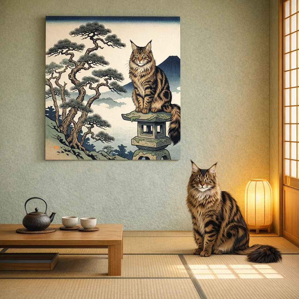 WoodBlock Japanese Canvas room mockup; custom cat portrait canvas from photo in the WoodBlock Japanese style; longhair cat; proof before print.