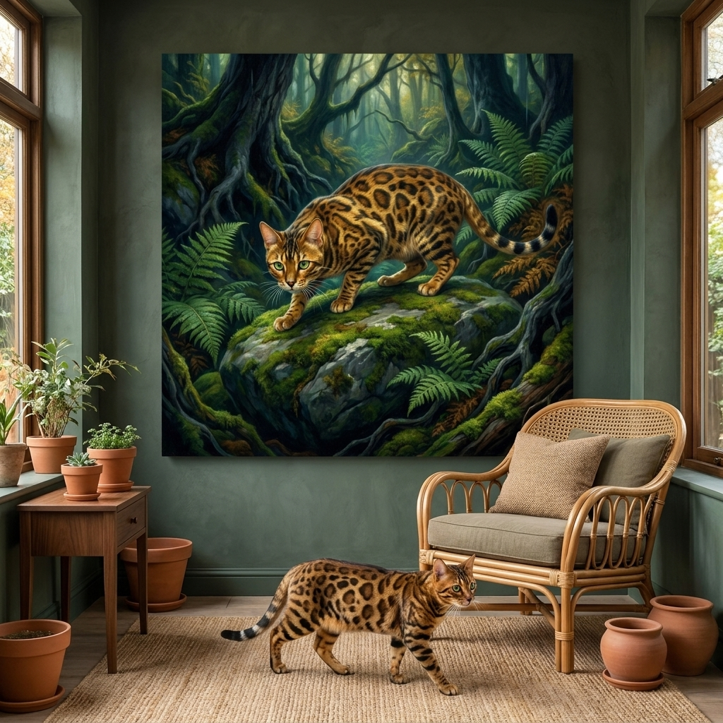 Woodland Sentinel Canvas room mockup; custom cat portrait canvas from photo in the Woodland Sentinel style; nature-themed; spotted tabby-like cat; proof before print.