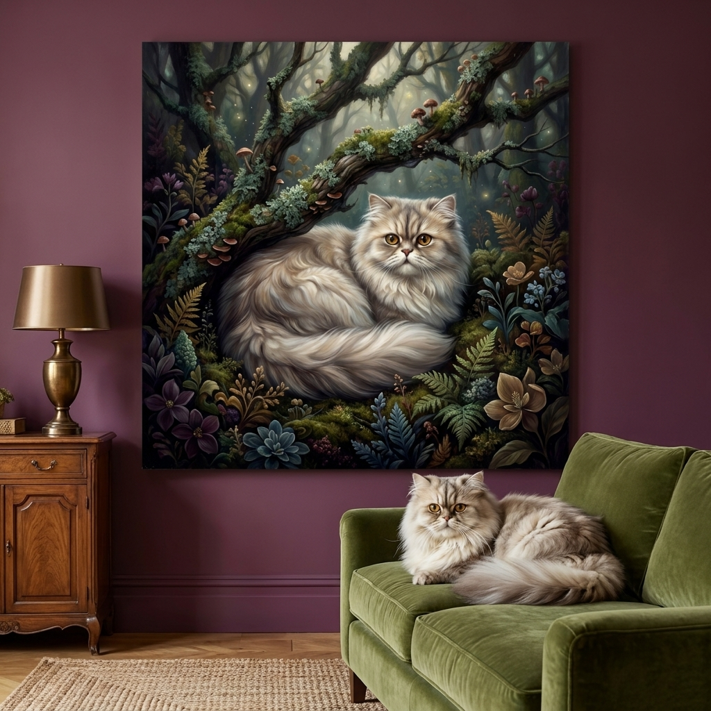 Woodland Sentinel Canvas room mockup; custom cat portrait canvas from photo in the Woodland Sentinel style; nature-themed; longhair cat; proof before print.