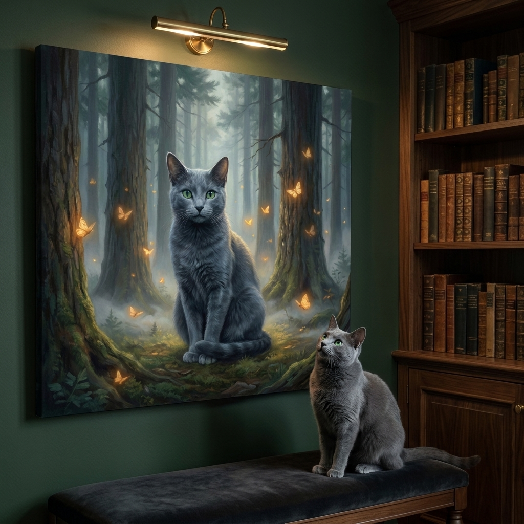 Woodland Sentinel Canvas room mockup; custom cat portrait canvas from photo in the Woodland Sentinel style; nature-themed; gray cat; proof before print.