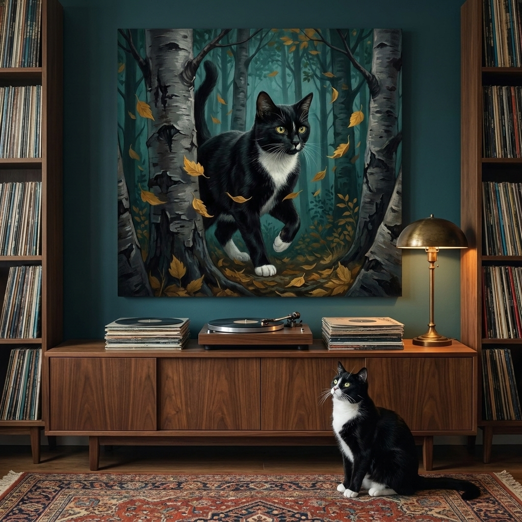 Woodland Sentinel Canvas room mockup; custom cat portrait canvas from photo in the Woodland Sentinel style; nature-themed; tuxedo cat; proof before print.