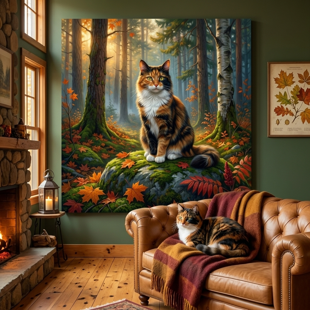 Woodland Sentinel Canvas room mockup; custom cat portrait canvas from photo in the Woodland Sentinel style; nature-themed; longhair cat; proof before print.