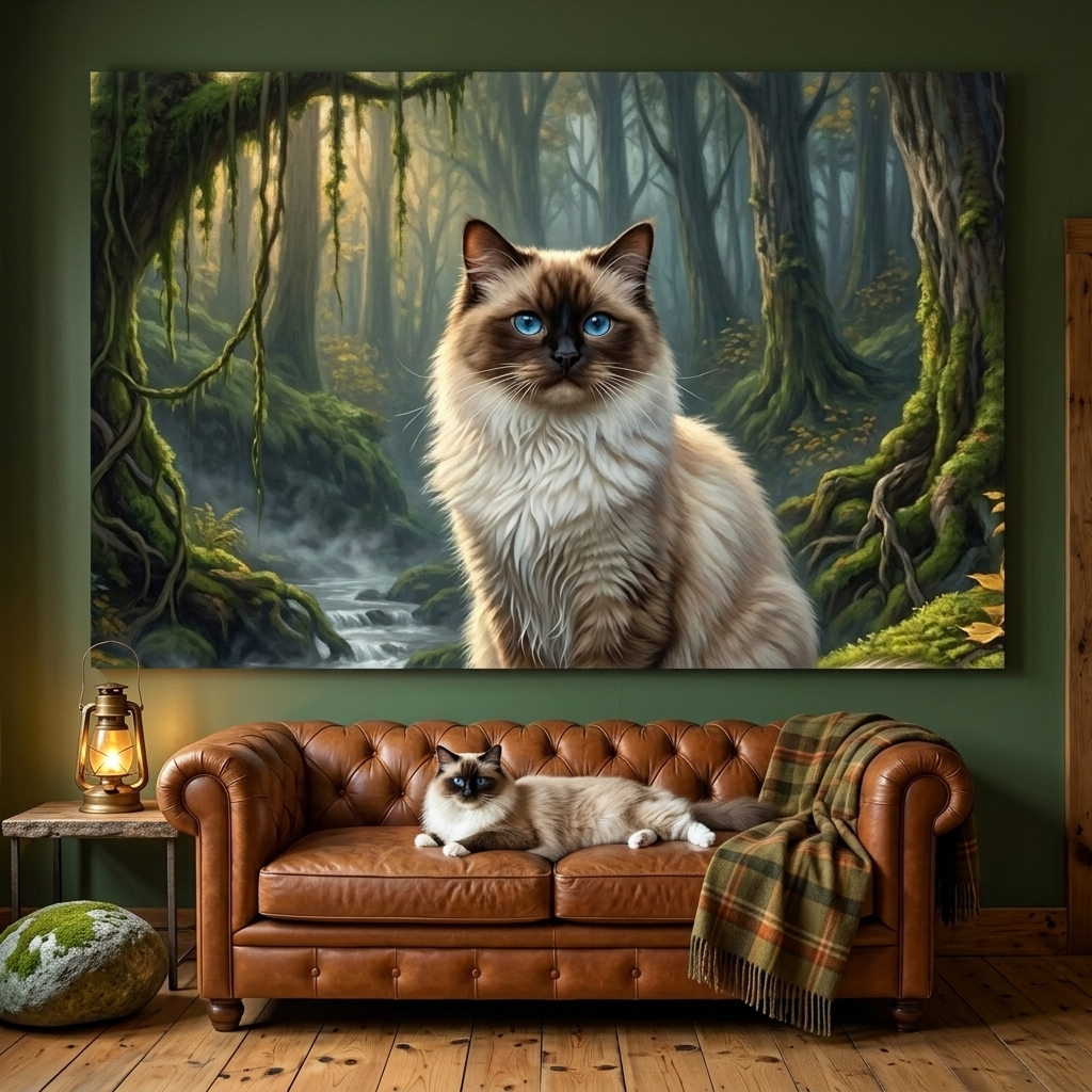 Woodland Sentinel Canvas room mockup; custom cat portrait canvas from photo in the Woodland Sentinel style; nature-themed; longhair cat; proof before print.