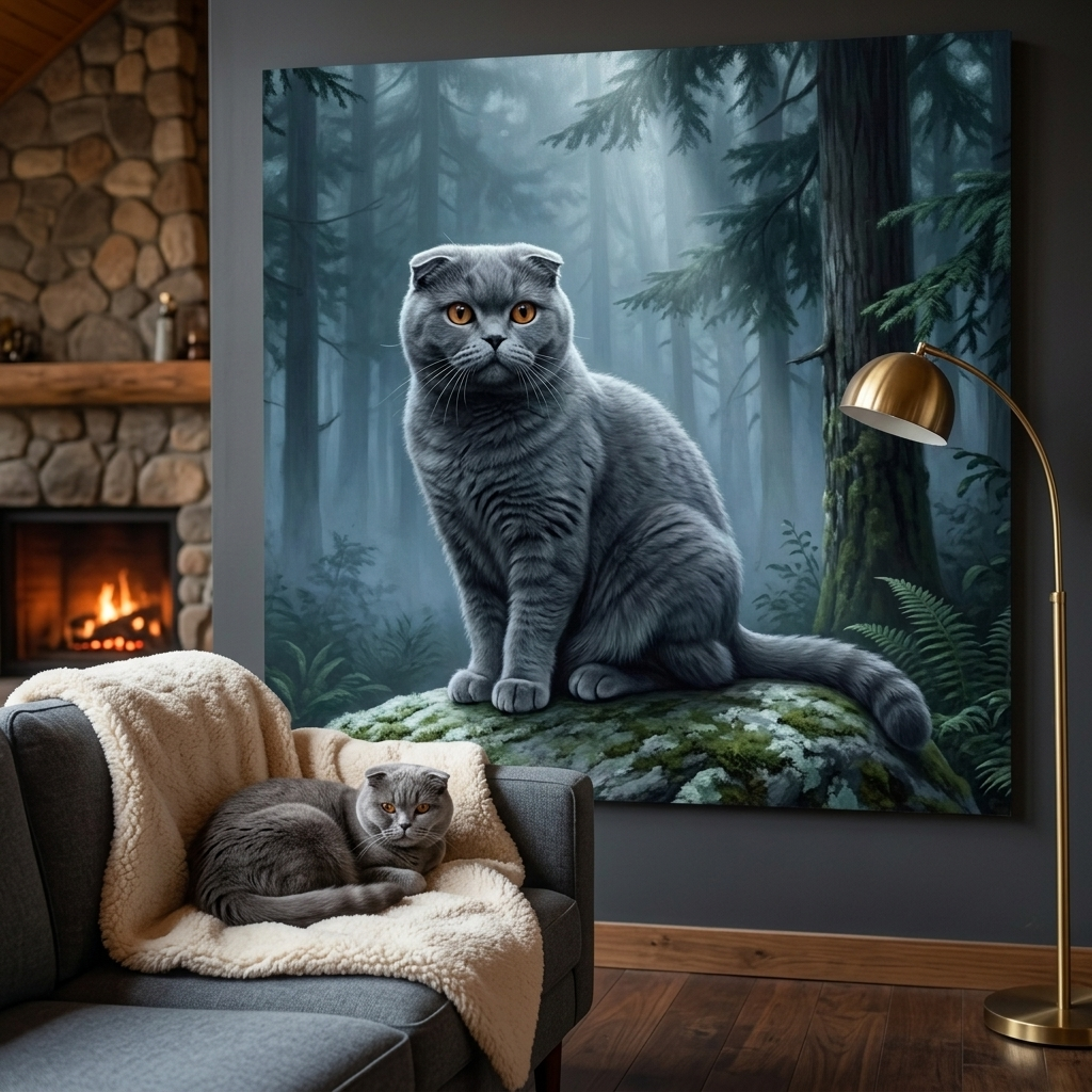 Woodland Sentinel Canvas room mockup; custom cat portrait canvas from photo in the Woodland Sentinel style; nature-themed; gray cat; proof before print.