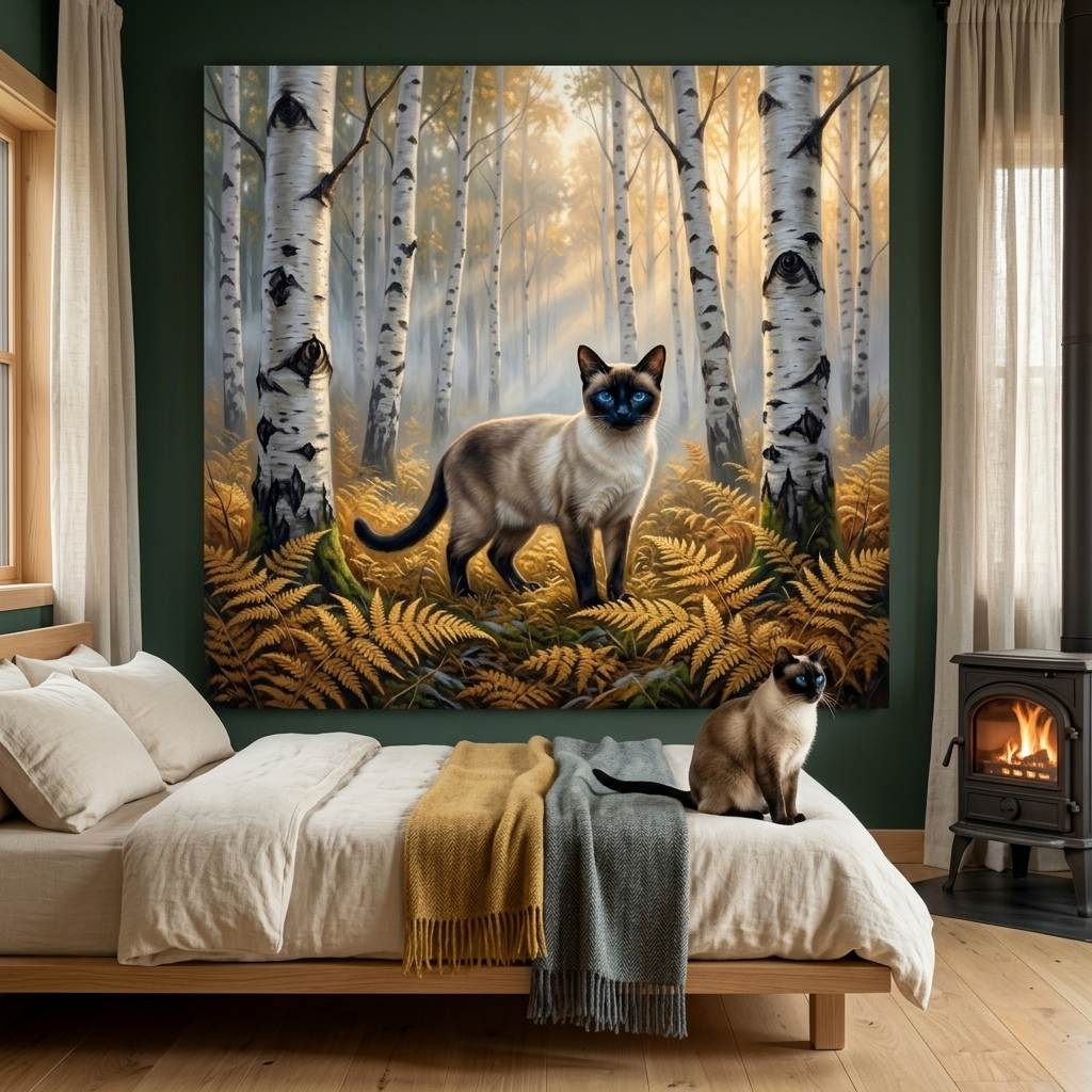 Woodland Sentinel Canvas room mockup; custom cat portrait canvas from photo in the Woodland Sentinel style; nature-themed; pointed cat; proof before print.