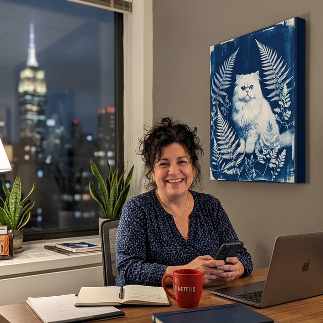 Elena G. sitting in her NYC high-rise office with a Botanical Cyanotype canvas of her white Persian cat hanging on the wall behind her
