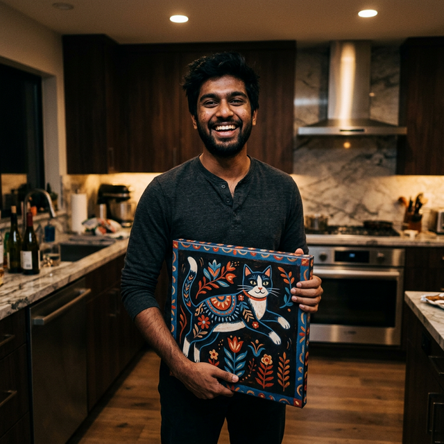Arjun P. smiling in his modern kitchen in the evening, holding a 'Vintage Folk Art' canvas of his tuxedo cat mid-jump, shot on a grainy smartphone camera
