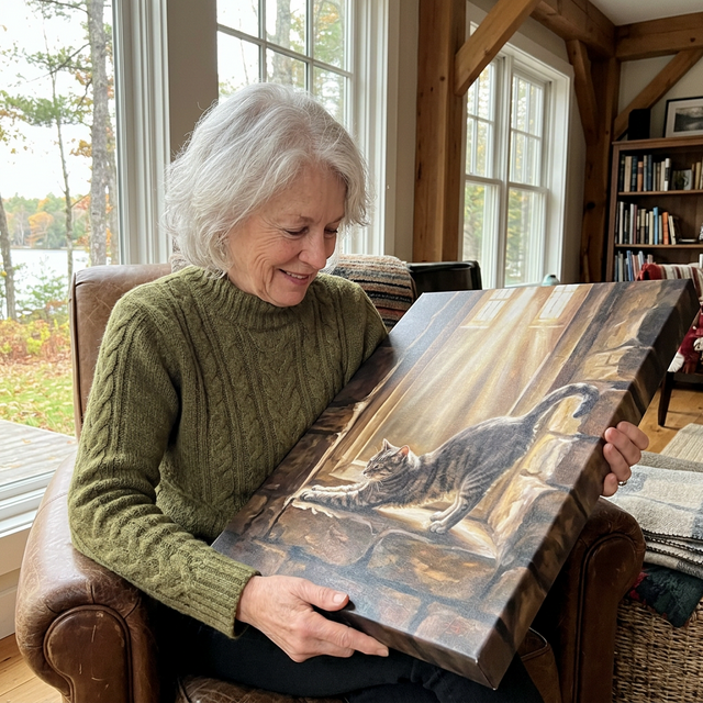 Margaret H. in her lake house living room looking down affectionately at a Cathedral Light canvas of her grey tabby stretching on a stone ledge