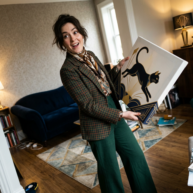 Chloe S., dressed in a vintage blazer, standing in a spontaneous Dutch angle holding a frameless Art Deco gold and navy black cat canvas in her eclectic living room