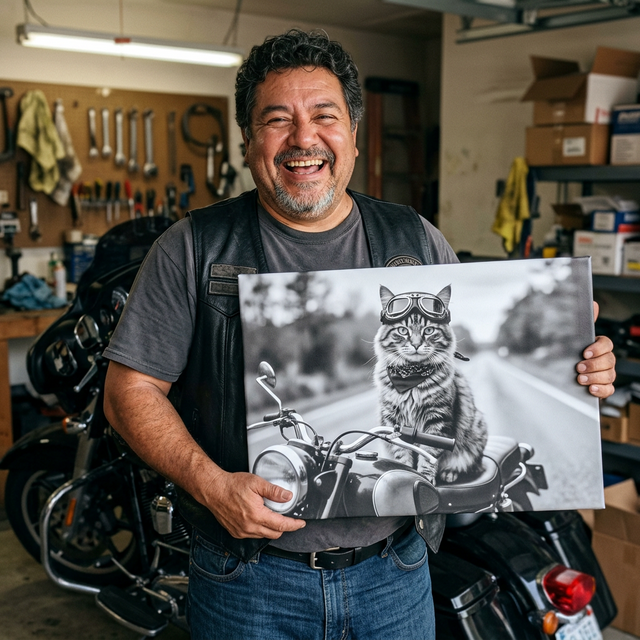 Hector M., a jolly Mexican American man, laughing in his garage holding a frameless Cinematic Biker black and white cat canvas